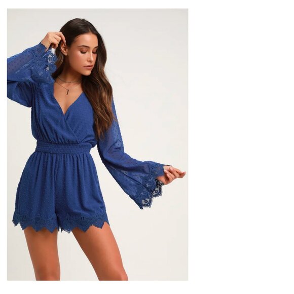 Lulus Meadowlake Blue Swiss Dot Lace Bell Sleeve Romper - Picture 1 of 1
